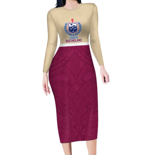 Queensland Samoa Custom Family Matching Long Sleeve Bodycon Dress and Hawaiian Shirt Maroon Pacific Polynesian Tribal Pattern