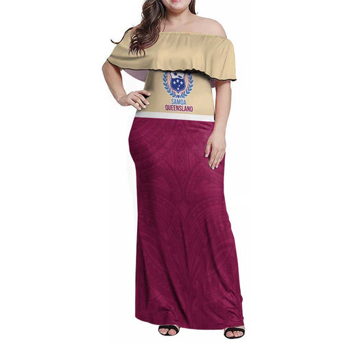 Queensland Samoa Custom Family Matching Off Shoulder Maxi Dress and Hawaiian Shirt Maroon Pacific Polynesian Tribal Pattern