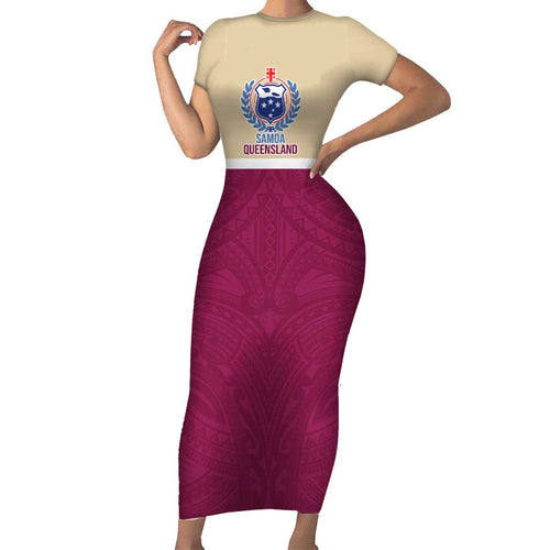 Queensland Samoa Custom Family Matching Short Sleeve Bodycon Dress and Hawaiian Shirt Maroon Pacific Polynesian Tribal Pattern
