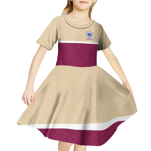 Queensland Samoa Custom Kid Short Sleeve Dress Maroon Pacific Polynesian Tribal Pattern