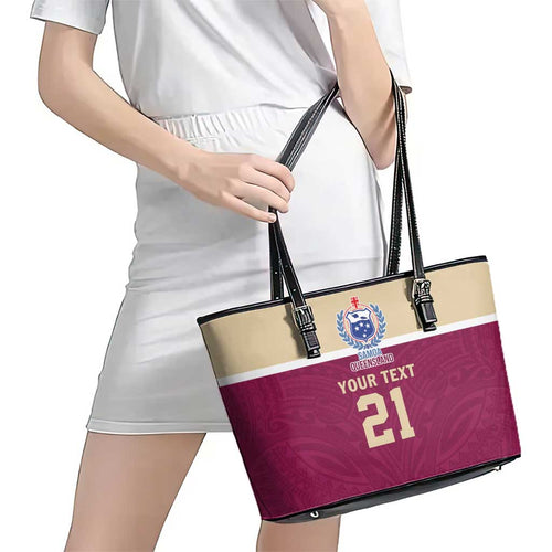 Queensland Samoa Custom Leather Tote Bag Maroon Pacific Polynesian Tribal Pattern