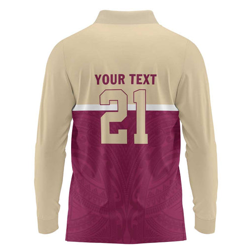 Queensland Samoa Custom Long Sleeve Polo Shirt Maroon Pacific Polynesian Tribal Pattern