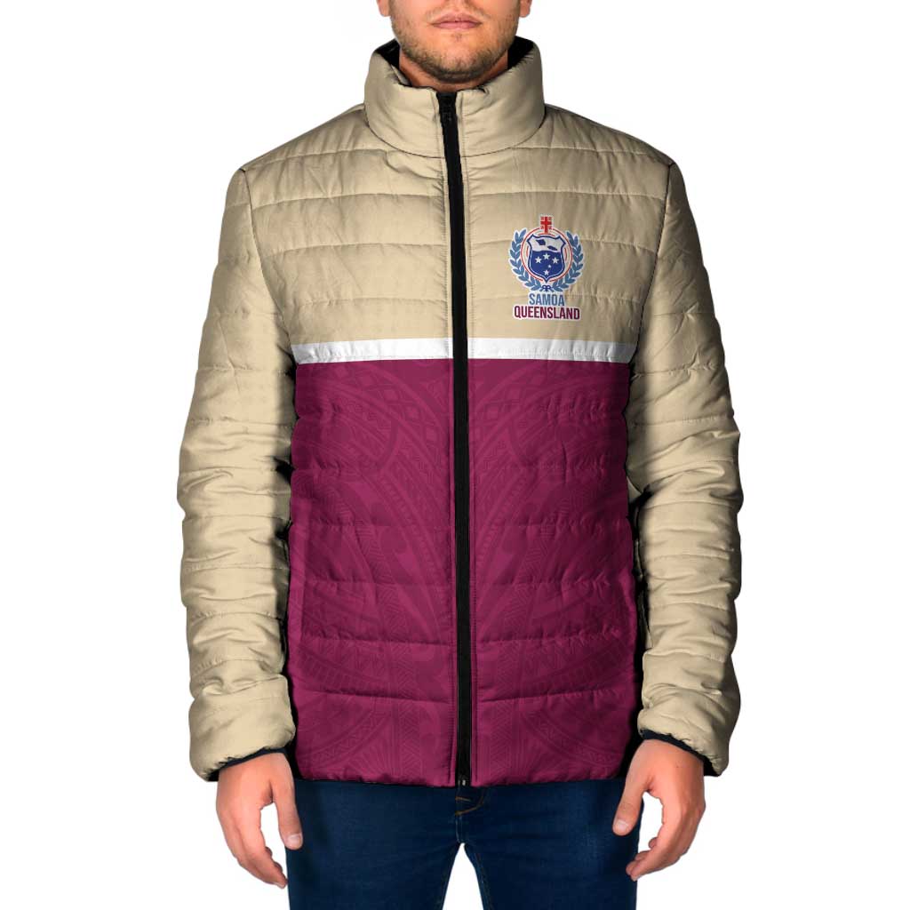 Queensland Samoa Custom Padded Jacket Maroon Pacific Polynesian Tribal Pattern - Aussie Hoodie