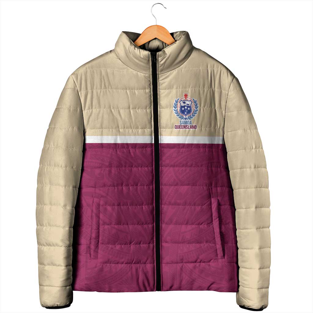Queensland Samoa Custom Padded Jacket Maroon Pacific Polynesian Tribal Pattern - Aussie Hoodie