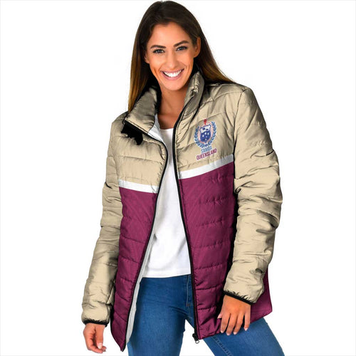Queensland Samoa Custom Padded Jacket Maroon Pacific Polynesian Tribal Pattern - Aussie Hoodie