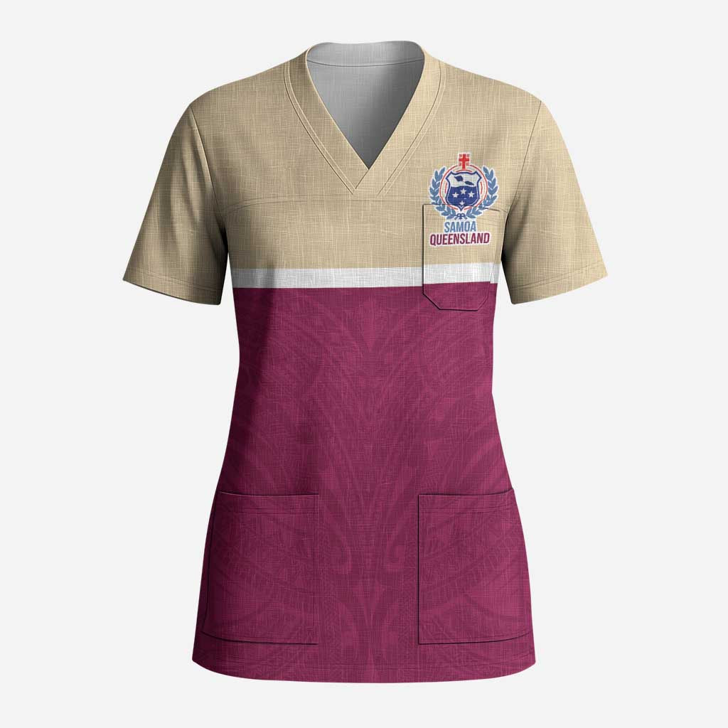 Queensland Samoa Custom Scrub Top Maroon Pacific Polynesian Tribal Pattern - Aussie Hoodie
