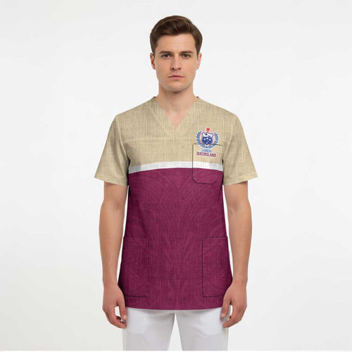 Queensland Samoa Custom Scrub Top Maroon Pacific Polynesian Tribal Pattern - Aussie Hoodie