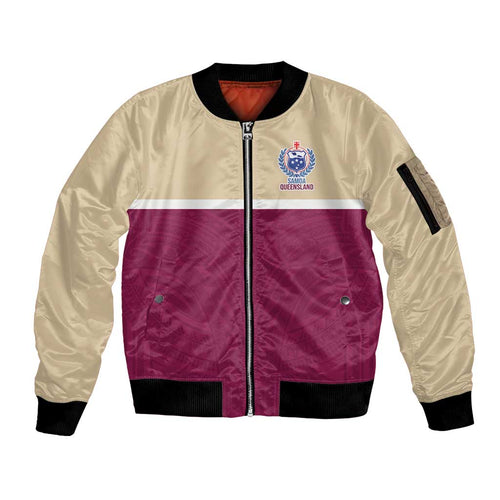 Queensland Samoa Custom Sleeve Zip Bomber Jacket Maroon Pacific Polynesian Tribal Pattern