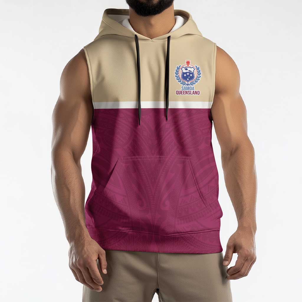 Queensland Samoa Custom Sleeveless Hoodie Maroon Pacific Polynesian Tribal Pattern - Aussie Hoodie