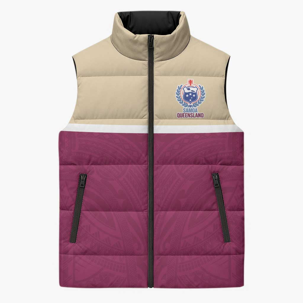 Queensland Samoa Custom Sleeveless Puffer Jacket Maroon Pacific Polynesian Tribal Pattern - Aussie Hoodie