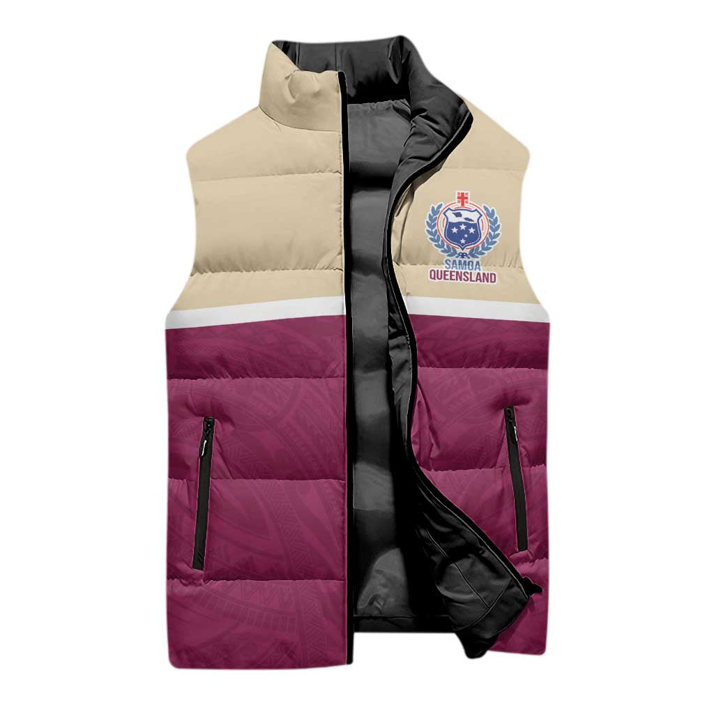 Queensland Samoa Custom Sleeveless Puffer Jacket Maroon Pacific Polynesian Tribal Pattern - Aussie Hoodie