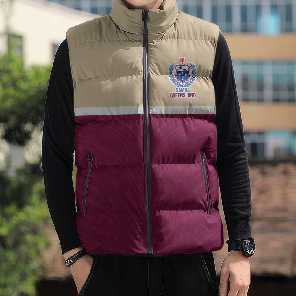 Queensland Samoa Custom Sleeveless Puffer Jacket Maroon Pacific Polynesian Tribal Pattern - Aussie Hoodie