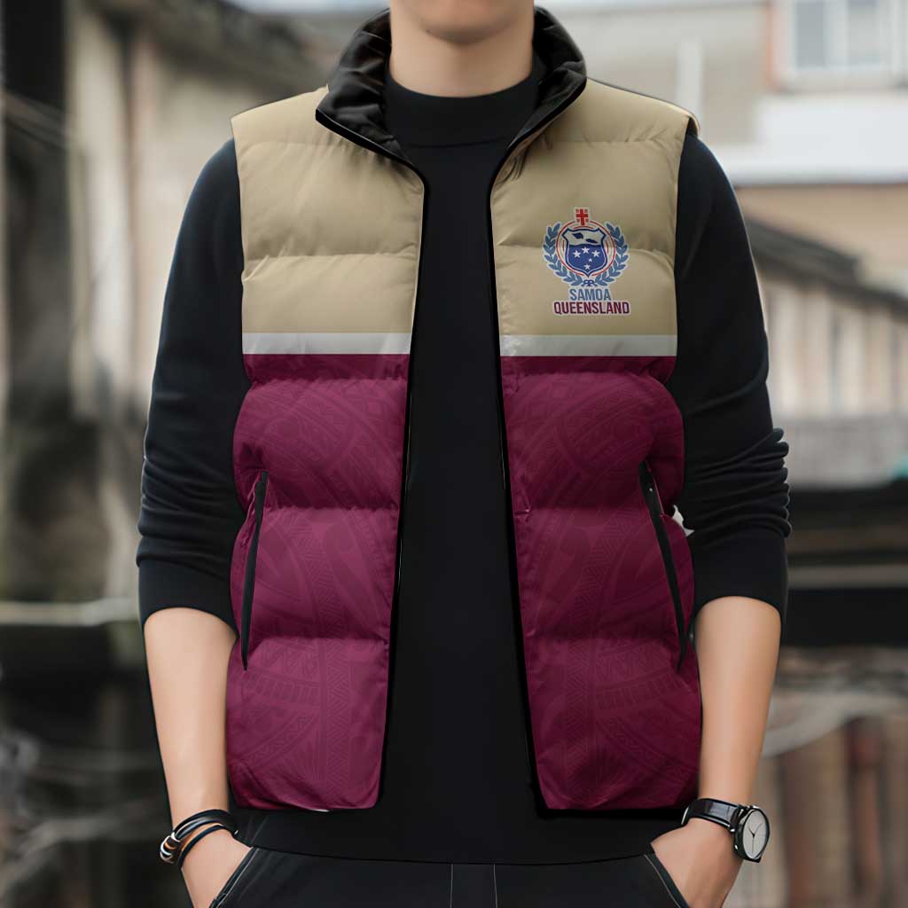 Queensland Samoa Custom Sleeveless Puffer Jacket Maroon Pacific Polynesian Tribal Pattern - Aussie Hoodie