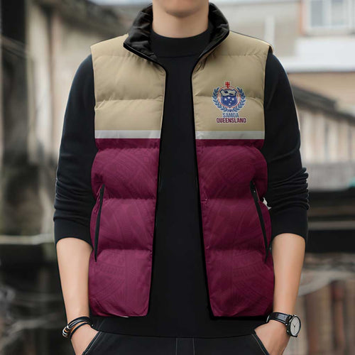 Queensland Samoa Custom Sleeveless Puffer Jacket Maroon Pacific Polynesian Tribal Pattern - Aussie Hoodie