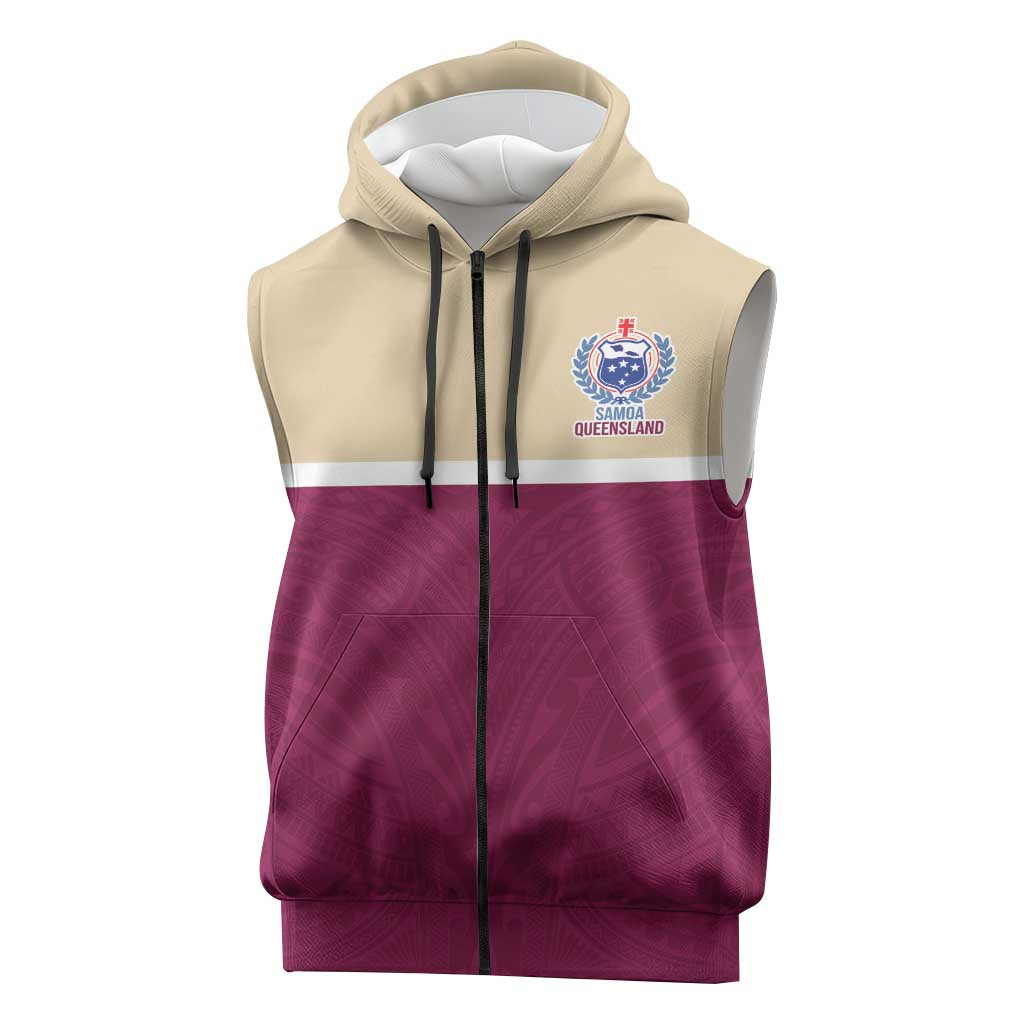Queensland Samoa Custom Sleeveless Zip Hoodie Maroon Pacific Polynesian Tribal Pattern LT9