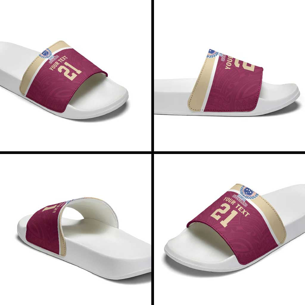 Queensland Samoa Custom Slide Sandals Maroon Pacific Polynesian Tribal Pattern - Aussie Hoodie