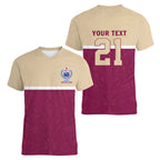 Queensland Samoa Custom Women V-Neck T-Shirt Maroon Pacific Polynesian Tribal Pattern