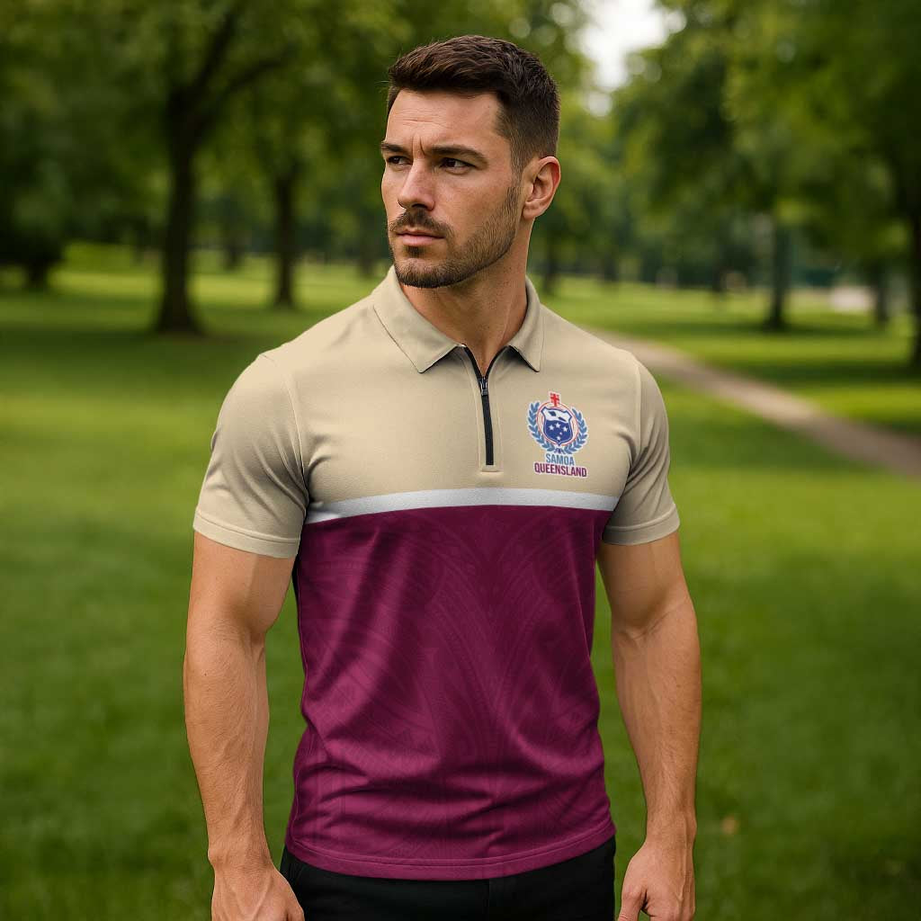 Queensland Samoa Custom Zipper Polo Shirt Maroon Pacific Polynesian Tribal Pattern - Aussie Hoodie