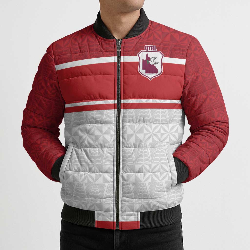 Queensland Tonga Custom Bomber Puffer Jacket QLD with Tongan Ngatu Pattern - Aussie Hoodie