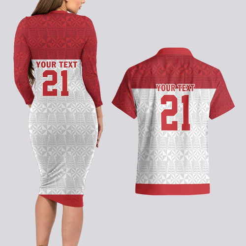 Queensland Tonga Custom Couples Matching Long Sleeve Bodycon Dress and Hawaiian Shirt QLD with Tongan Ngatu Pattern