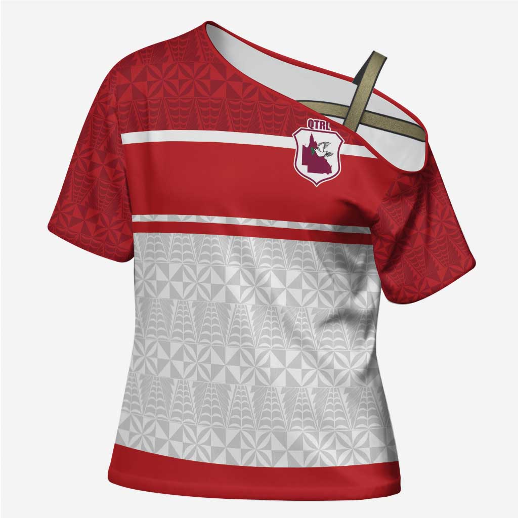Queensland Tonga Custom Cross Shoulder Shirt QLD with Tongan Ngatu Pattern - Aussie Hoodie