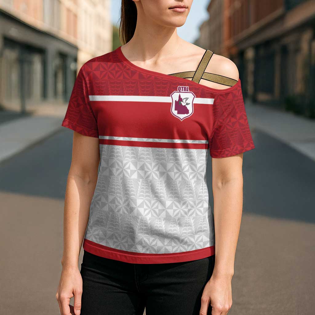 Queensland Tonga Custom Cross Shoulder Shirt QLD with Tongan Ngatu Pattern - Aussie Hoodie