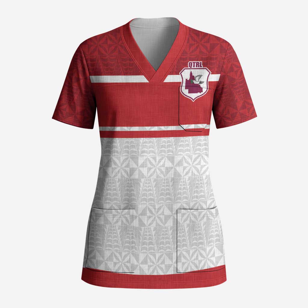 Queensland Tonga Custom Scrub Top QLD with Tongan Ngatu Pattern - Aussie Hoodie