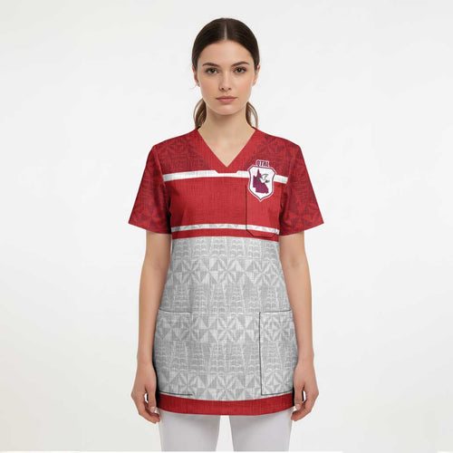 Queensland Tonga Custom Scrub Top QLD with Tongan Ngatu Pattern - Aussie Hoodie