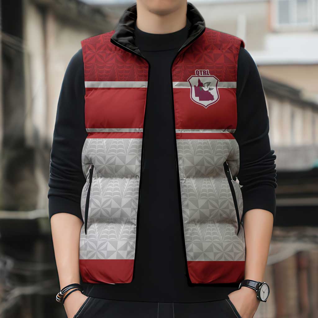 Queensland Tonga Custom Sleeveless Puffer Jacket QLD with Tongan Ngatu Pattern - Aussie Hoodie