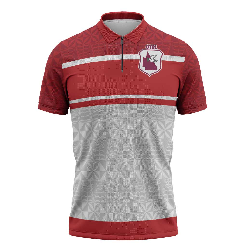 Queensland Tonga Custom Zipper Polo Shirt QLD with Tongan Ngatu Pattern - Aussie Hoodie
