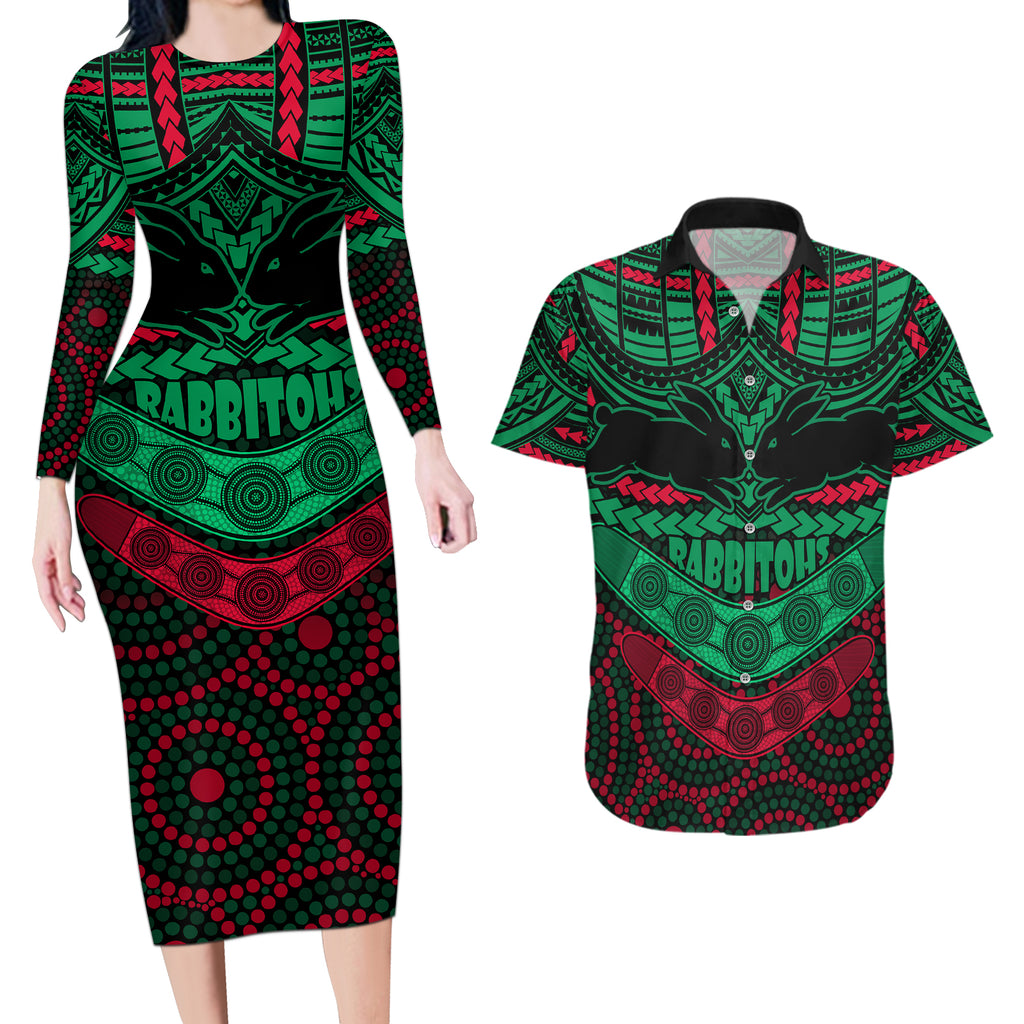 rabbitohs-rugby-couples-matching-long-sleeve-bodycon-dress-and-hawaiian-shirt-polynesian-and-aboriginal-special-version