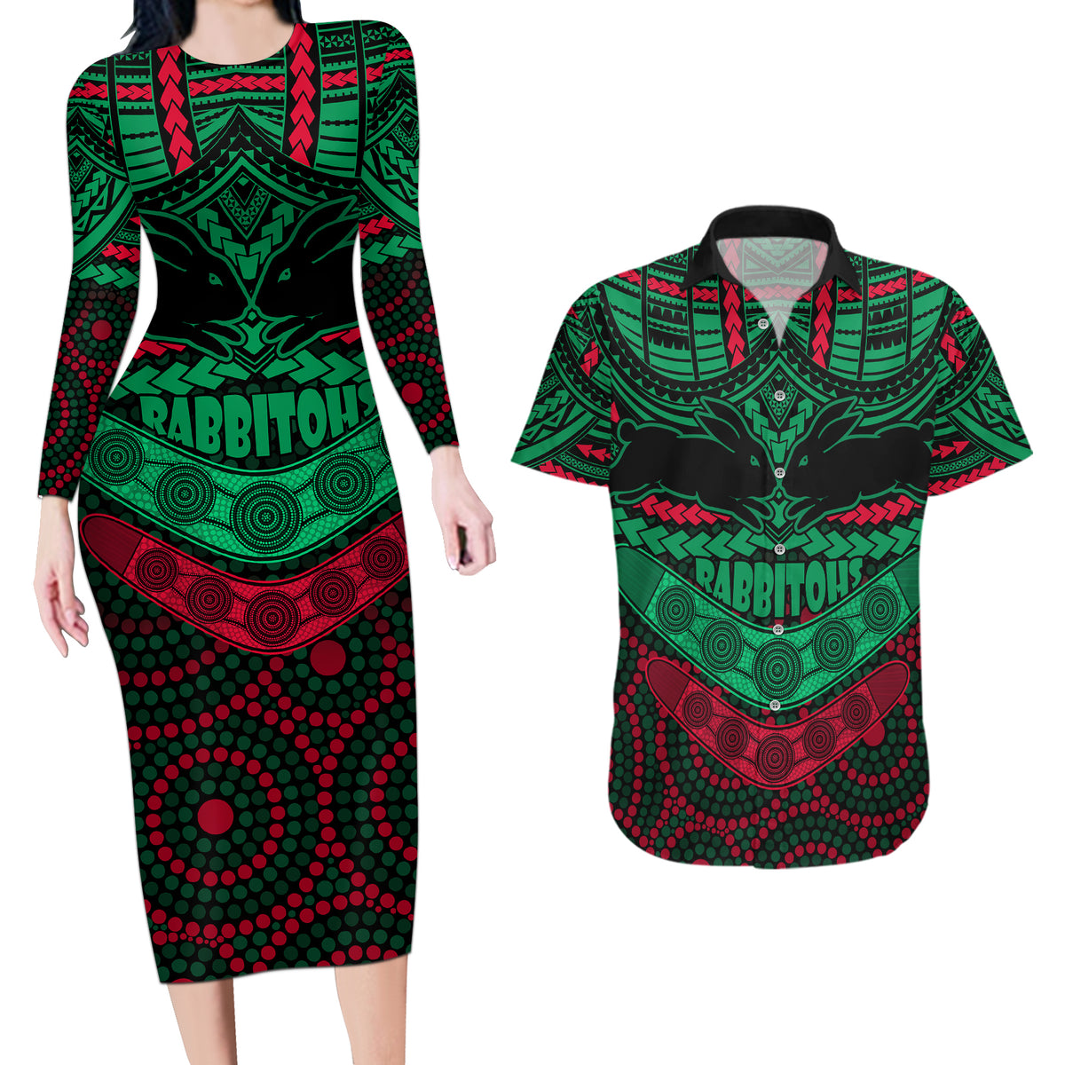 rabbitohs-rugby-couples-matching-long-sleeve-bodycon-dress-and-hawaiian-shirt-polynesian-and-aboriginal-special-version