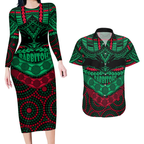 rabbitohs-rugby-couples-matching-long-sleeve-bodycon-dress-and-hawaiian-shirt-polynesian-and-aboriginal-special-version