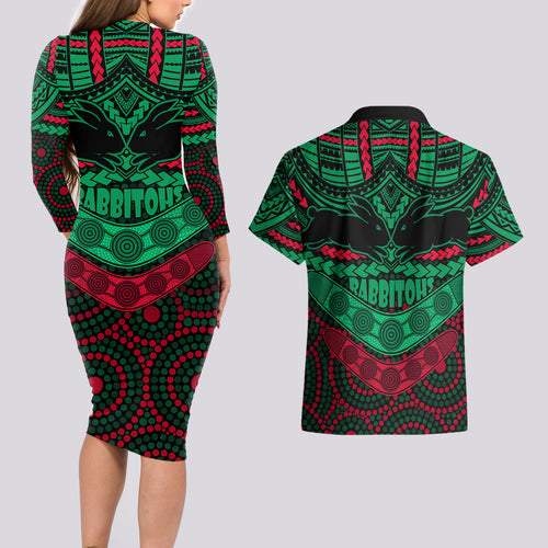 rabbitohs-rugby-couples-matching-long-sleeve-bodycon-dress-and-hawaiian-shirt-polynesian-and-aboriginal-special-version