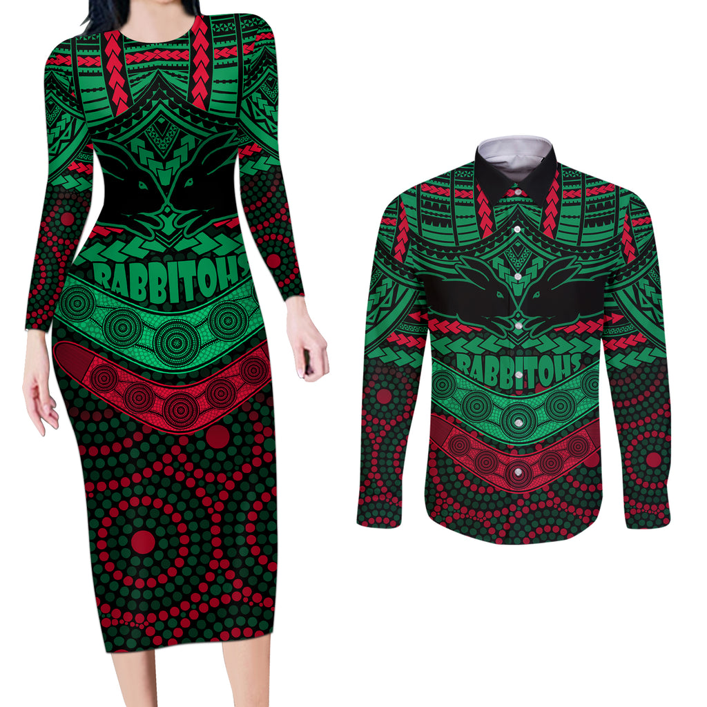 rabbitohs-rugby-couples-matching-long-sleeve-bodycon-dress-and-long-sleeve-button-shirts-polynesian-and-aboriginal-special-version