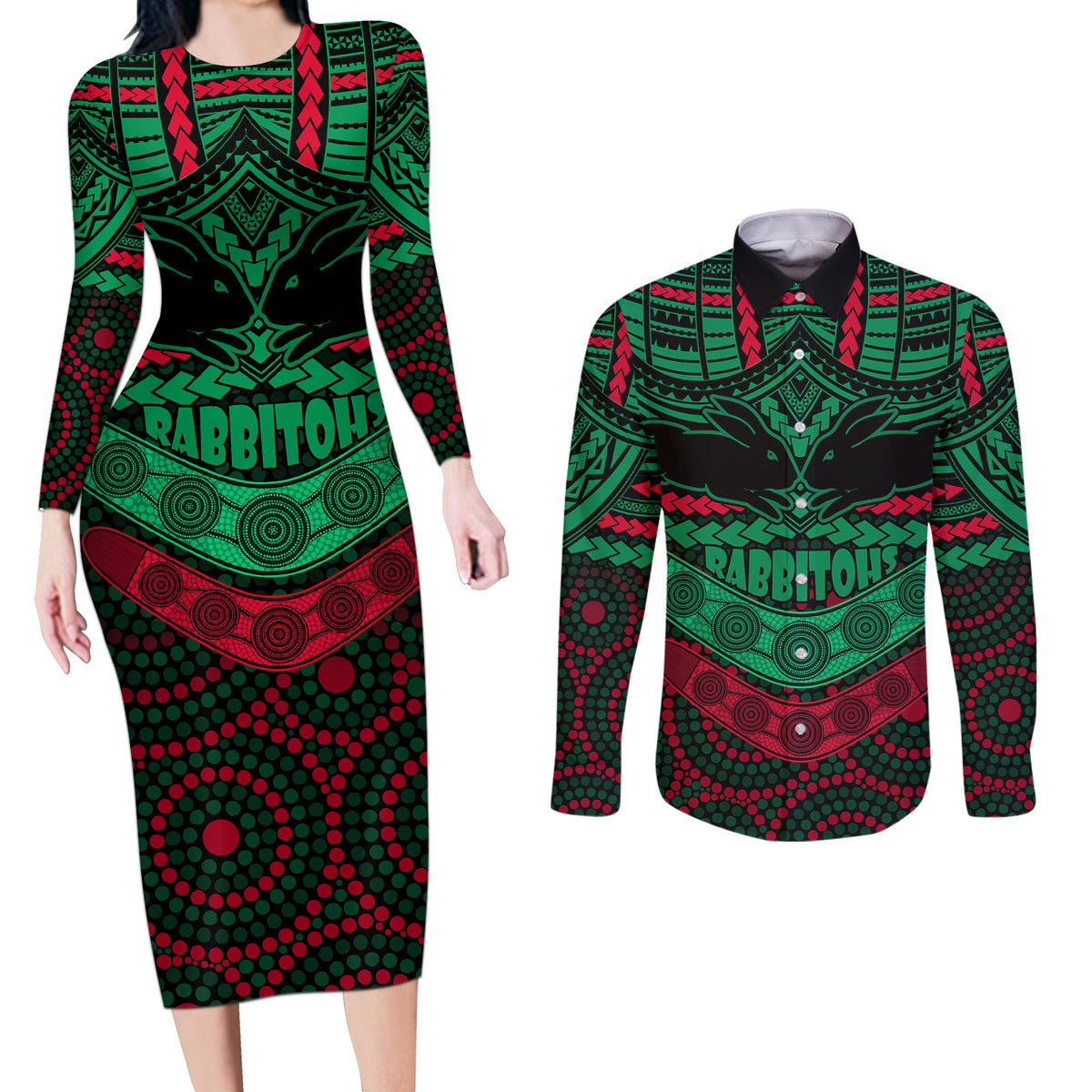 rabbitohs-rugby-couples-matching-long-sleeve-bodycon-dress-and-long-sleeve-button-shirts-polynesian-and-aboriginal-special-version
