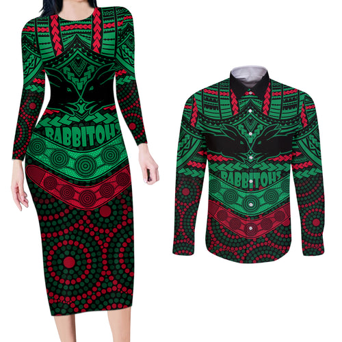 rabbitohs-rugby-couples-matching-long-sleeve-bodycon-dress-and-long-sleeve-button-shirts-polynesian-and-aboriginal-special-version