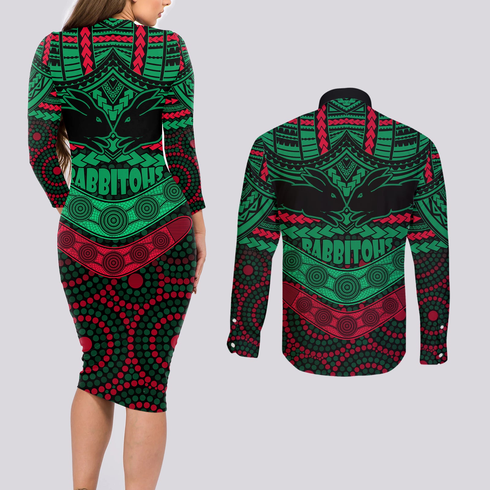 rabbitohs-rugby-couples-matching-long-sleeve-bodycon-dress-and-long-sleeve-button-shirts-polynesian-and-aboriginal-special-version