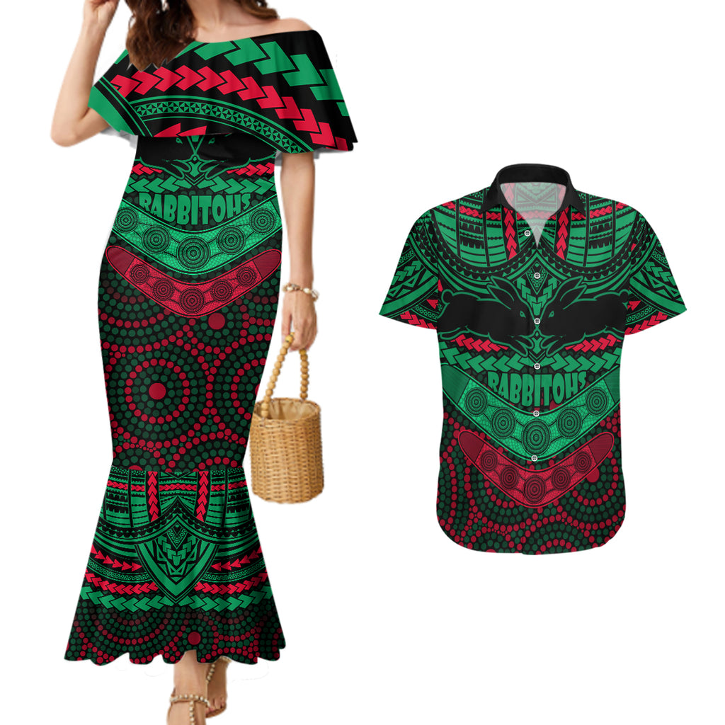 rabbitohs-rugby-couples-matching-mermaid-dress-and-hawaiian-shirt-polynesian-and-aboriginal-special-version