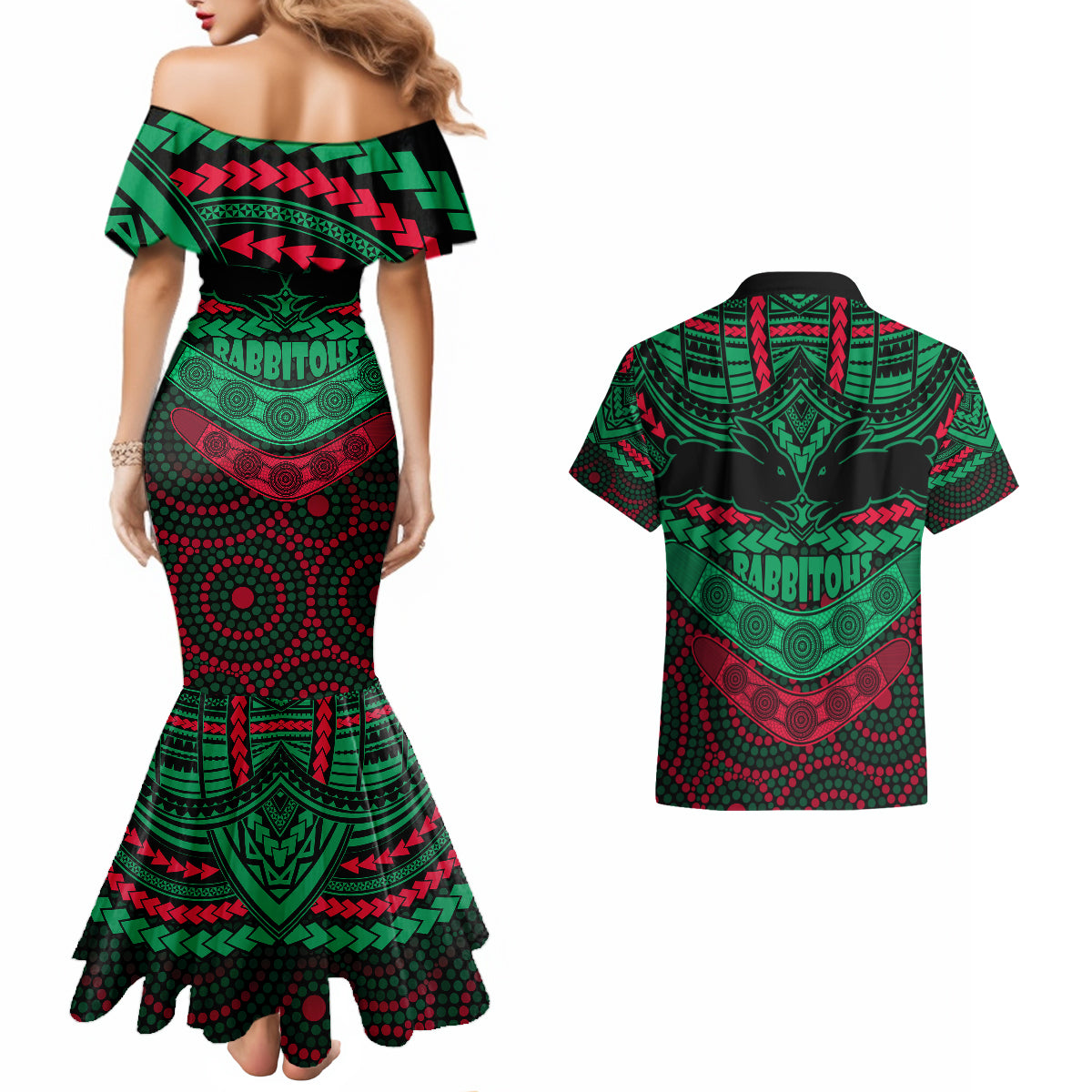 rabbitohs-rugby-couples-matching-mermaid-dress-and-hawaiian-shirt-polynesian-and-aboriginal-special-version