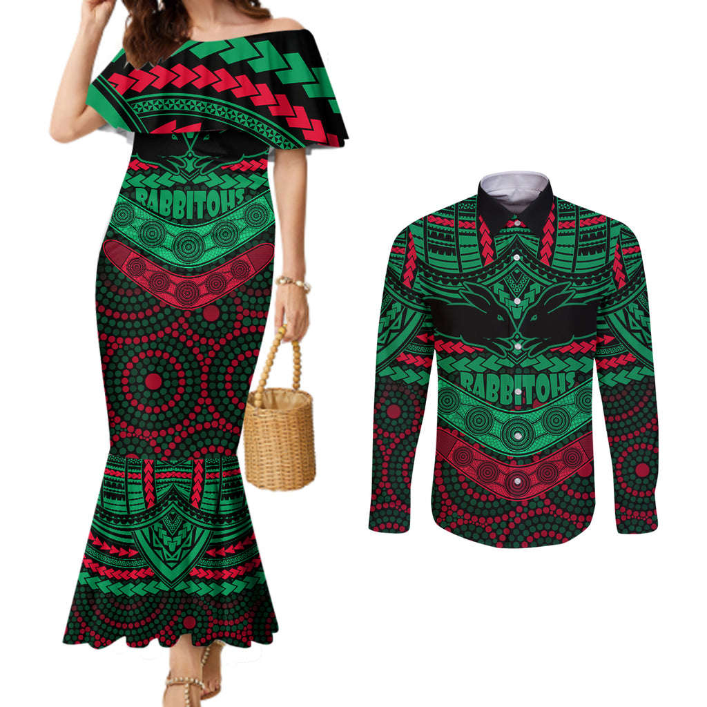 rabbitohs-rugby-couples-matching-mermaid-dress-and-long-sleeve-button-shirts-polynesian-and-aboriginal-special-version