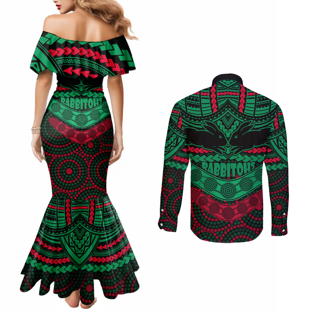 rabbitohs-rugby-couples-matching-mermaid-dress-and-long-sleeve-button-shirts-polynesian-and-aboriginal-special-version