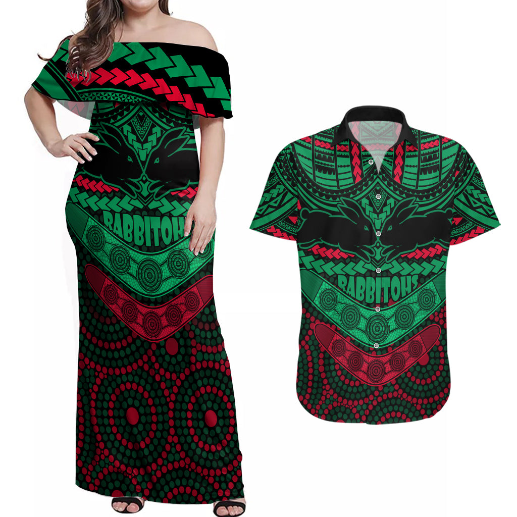 rabbitohs-rugby-couples-matching-off-shoulder-maxi-dress-and-hawaiian-shirt-polynesian-and-aboriginal-special-version