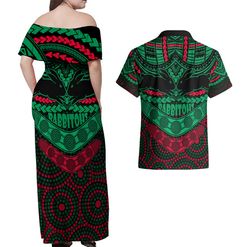 rabbitohs-rugby-couples-matching-off-shoulder-maxi-dress-and-hawaiian-shirt-polynesian-and-aboriginal-special-version