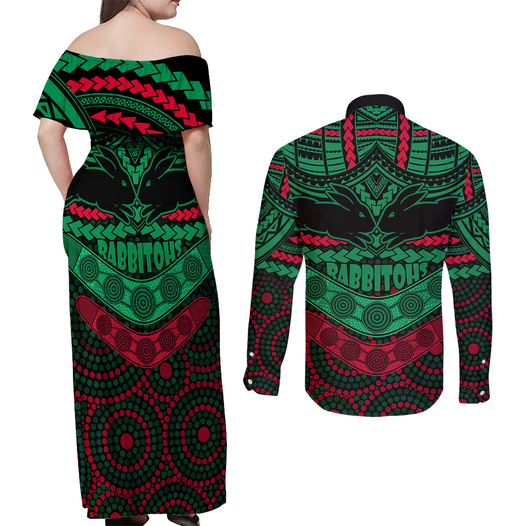 rabbitohs-rugby-couples-matching-off-shoulder-maxi-dress-and-long-sleeve-button-shirts-polynesian-and-aboriginal-special-version