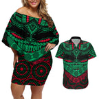 rabbitohs-rugby-couples-matching-off-shoulder-short-dress-and-hawaiian-shirt-polynesian-and-aboriginal-special-version