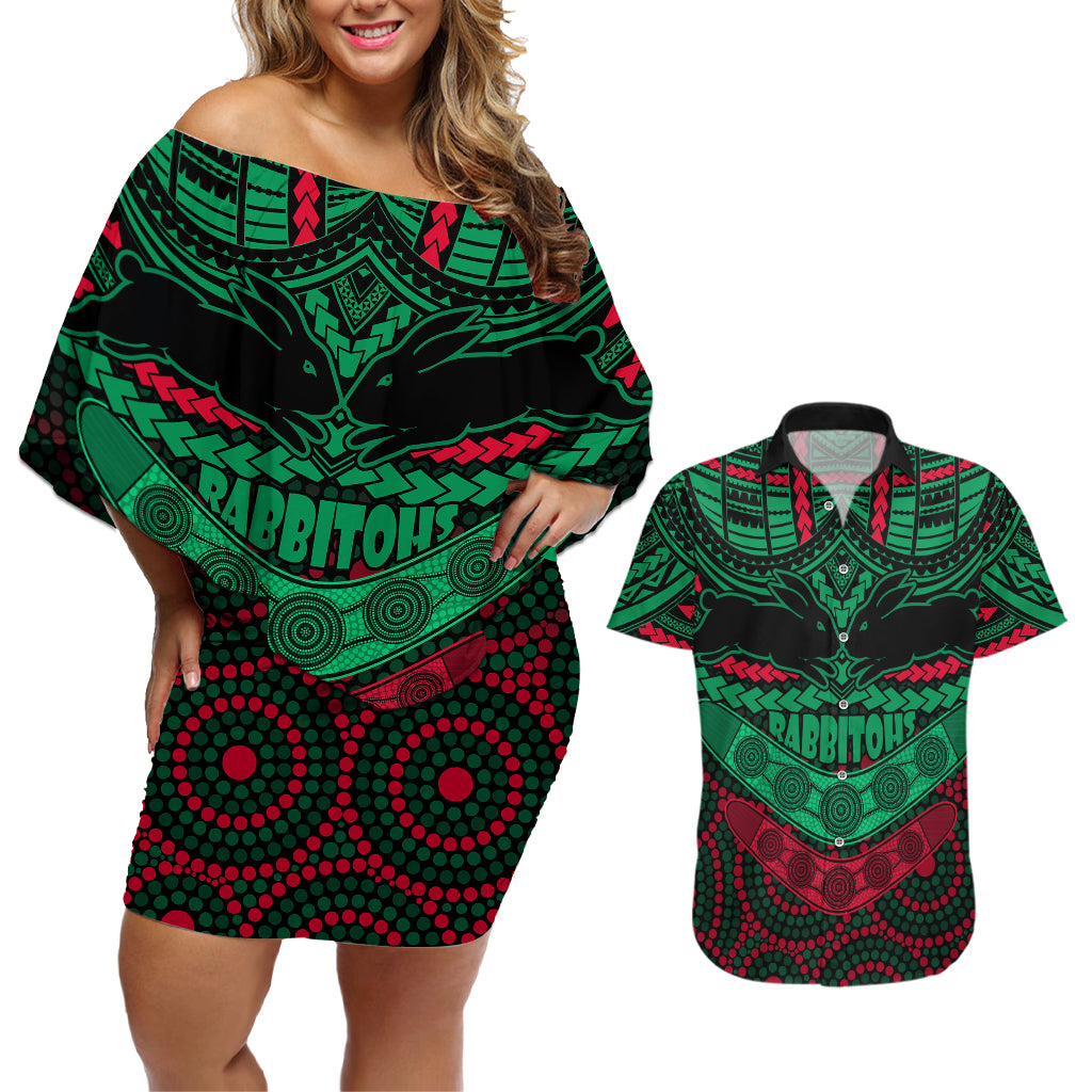 rabbitohs-rugby-couples-matching-off-shoulder-short-dress-and-hawaiian-shirt-polynesian-and-aboriginal-special-version