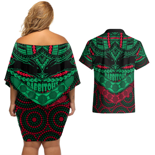 rabbitohs-rugby-couples-matching-off-shoulder-short-dress-and-hawaiian-shirt-polynesian-and-aboriginal-special-version