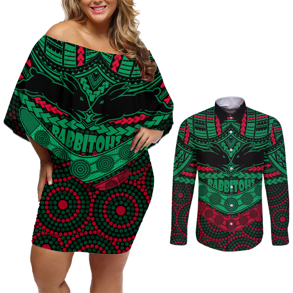 rabbitohs-rugby-couples-matching-off-shoulder-short-dress-and-long-sleeve-button-shirts-polynesian-and-aboriginal-special-version