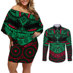 rabbitohs-rugby-couples-matching-off-shoulder-short-dress-and-long-sleeve-button-shirts-polynesian-and-aboriginal-special-version